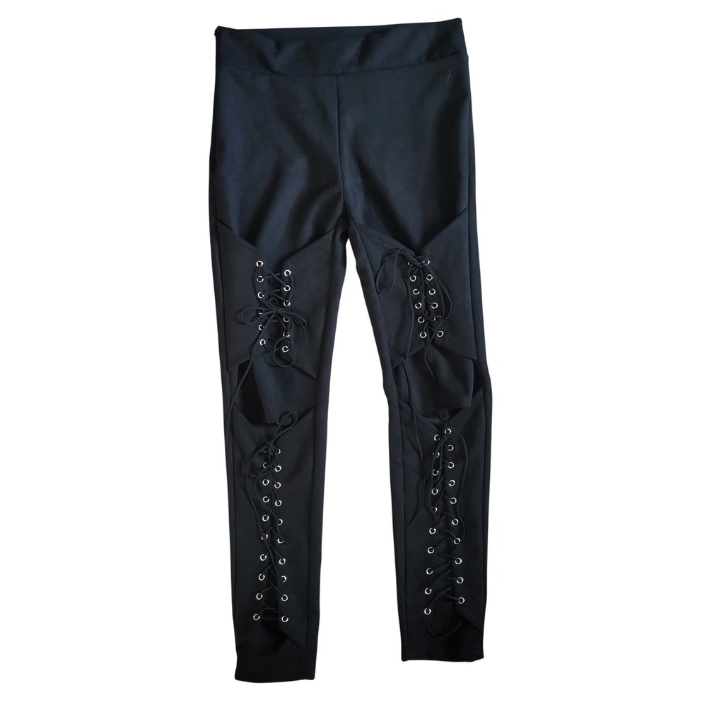 Black Lace Up Grommet Knee Cut Out Leggings Women Large Edgy Gothic Punk Pants